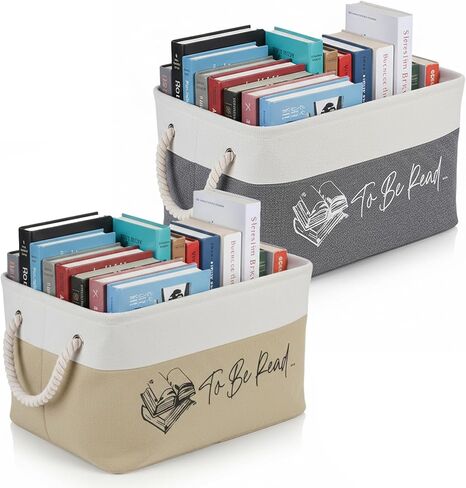 سلة تخزين الكتب، سلة قماش TBR مع مقابض من الحبال، منظم كتب للقراءة لمحبي الكتب والمعلمين والطلاب وركن القراءة وغرفة النوم وديكور الفصل الدراسي (بيج) in Kuwait