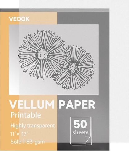 ورق Vellum الشفاف من VEOOK، 50 ورقة 56 رطل/83 جرامًا للمتر المربع 11 × 17 بوصة ورق تتبع Vellums قابل للطباعة للتتبع والرسم والرسم وتراكبات البطاقات وأحزمة البطن الدعوات والأظرف والفانوس (VP-05) in Kuwait