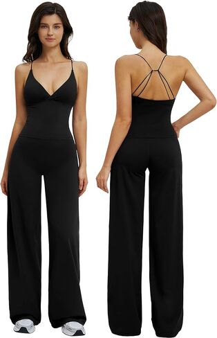 AGYMNX Women's Yoga Outfits Compression Halter Tank Top and Butt-lifting Leggings Wide Leg Pants Active Jogger Outfits in Saudi Arabia