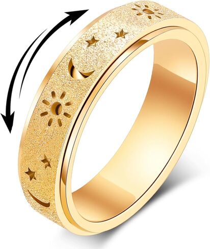 OreilleStar Fidget Anxiety Ring للنساء: Sun Moon Star الرموز الإجهاد الإغاثة الإبهام الدوار الدائري الفولاذ المقاوم للصدأ لعب الكبار هدية للرجال الفضة مطلي الذهب حجم 5-12 in Kuwait