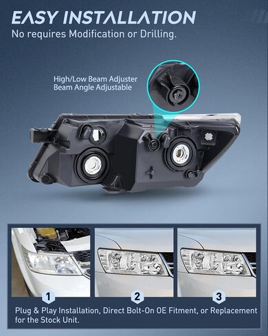 Nilight Headlight Assembly Compatible with 2009 2010 2011 2012 2013 2014 2015 2016 2017 2018 2019 2020 Dodge Journey Chrome Housing Amber Reflector Headlamp Passenger and Driver Side in Kuwait