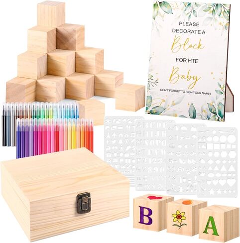 Draupnir 92 Pcs Fun Baby Shower Games Sign Kit Babies Coloring Blocks for Baby Shower, Wooden DIY Blank Blocks Freehand Painting with 36 Paint Markers in Saudi Arabia
