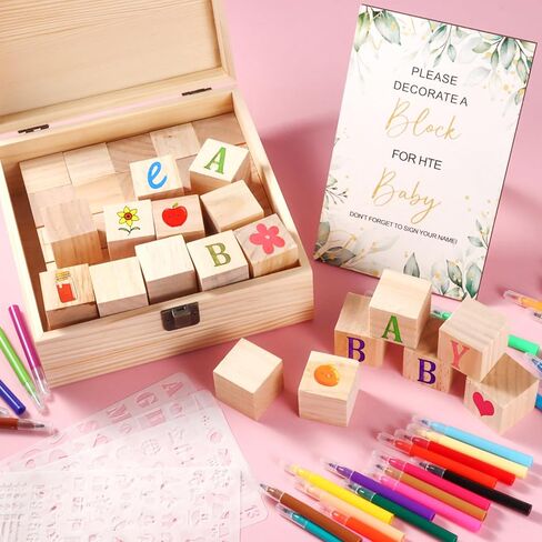 Draupnir 92 Pcs Fun Baby Shower Games Sign Kit Babies Coloring Blocks for Baby Shower, Wooden DIY Blank Blocks Freehand Painting with 36 Paint Markers in Saudi Arabia