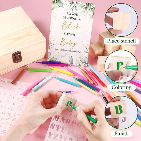 Draupnir 92 Pcs Fun Baby Shower Games Sign Kit Babies Coloring Blocks for Baby Shower, Wooden DIY Blank Blocks Freehand Painting with 36 Paint Markers in Saudi Arabia