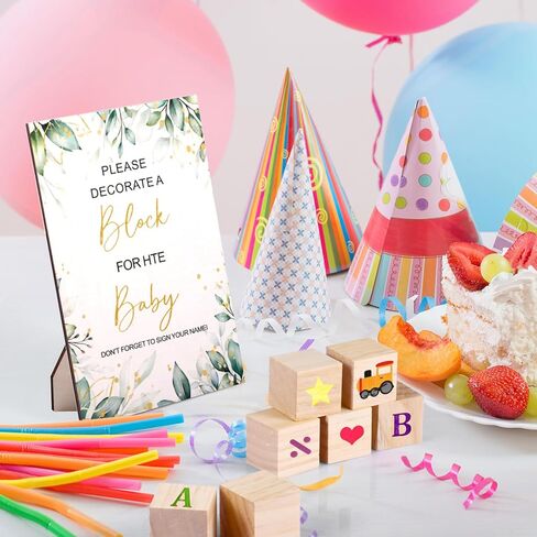Draupnir 92 Pcs Fun Baby Shower Games Sign Kit Babies Coloring Blocks for Baby Shower, Wooden DIY Blank Blocks Freehand Painting with 36 Paint Markers in Saudi Arabia