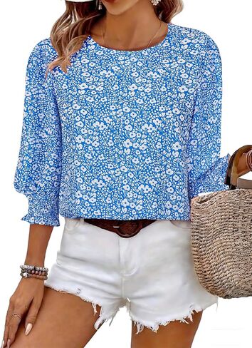 Halife Womens Blouses 3/4 Sleeve Dressy Tops Business Casual Crew Neck Smocked Cuffed Shirts in Saudi Arabia