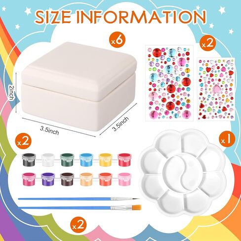 Teenyyou 15 Pcs 6 Sets Paint Your Own Ceramic Jewelry Box Painting DIY Craft Set Unfinished Dasiy Treasure Box with 2 Strips of Paints 2 Brushes 1 Palette 2 Diamond Stickers 2 Glitters in Saudi Arabia