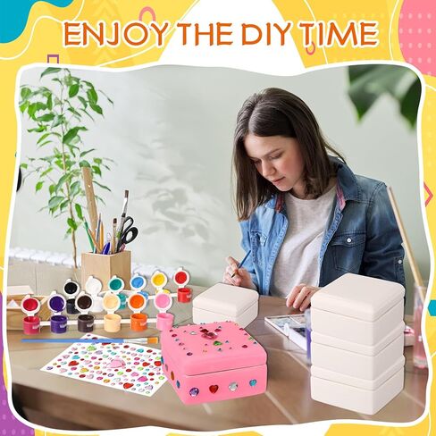 Teenyyou 15 Pcs 6 Sets Paint Your Own Ceramic Jewelry Box Painting DIY Craft Set Unfinished Dasiy Treasure Box with 2 Strips of Paints 2 Brushes 1 Palette 2 Diamond Stickers 2 Glitters in Saudi Arabia