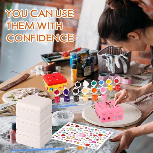 Teenyyou 15 Pcs 6 Sets Paint Your Own Ceramic Jewelry Box Painting DIY Craft Set Unfinished Dasiy Treasure Box with 2 Strips of Paints 2 Brushes 1 Palette 2 Diamond Stickers 2 Glitters in Saudi Arabia