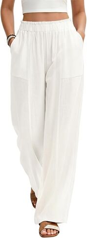 Women's Linen Palazzo Pants Summer Flowy Wide Leg Trousers Elastic Waist Casual Boho Pants Vacation Outfits 2026 in Saudi Arabia