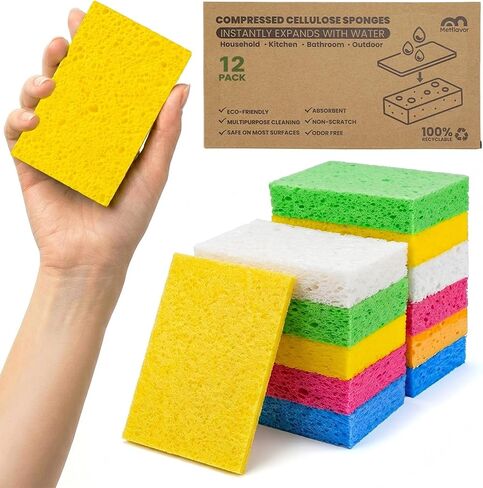 Metflavor Kitchen Sponges, 12 Count, Thick Compressed Natural Cellulose Sponges, Non-Scratch for Dishes, Biodegradable & Compostable, Pop-up for Easy Storage in Saudi Arabia