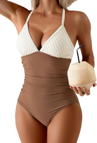 B2prity One Piece Swimsuit for Women Tummy Control Ruched Bathing Suit V Neck Slimming Swim Suit Cross Tie Back Swimwear in Saudi Arabia