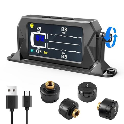 6 مستشعرات TPMS: نظام مراقبة ضغط الإطارات، 0-15 بار/217 رطل لكل بوصة مربعة كحد أقصى، شاشة LCD ساطعة 3 مستويات، شحن بالطاقة الشمسية/USB، 7 تنبيهات أمان ذكية، عرض الوقت، IP68، TPMS RV/شاحنة/مقطورة in Kuwait