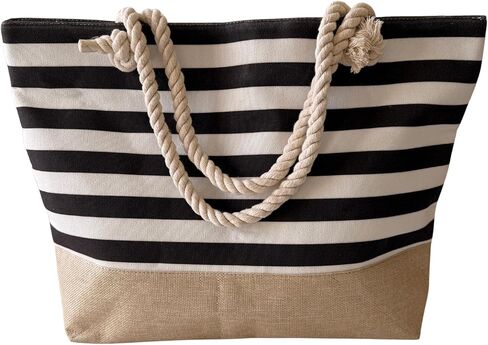 Large Canvas and Jute Beach Bag with Zipper and Rope Handles — Striped Boho Tote for Women, Oversized Pool and Travel Bag in Saudi Arabia