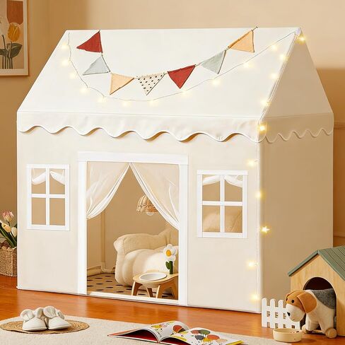 Tiny Land Play Tent with Padded Mat & LED Lights, Kids Tent, Playhouse for Kids, Indoor Bed Tent for Toddler, Toys for 3,4,5,6-Year-Old Girls, Neutral Color Play Room Furniture in Saudi Arabia