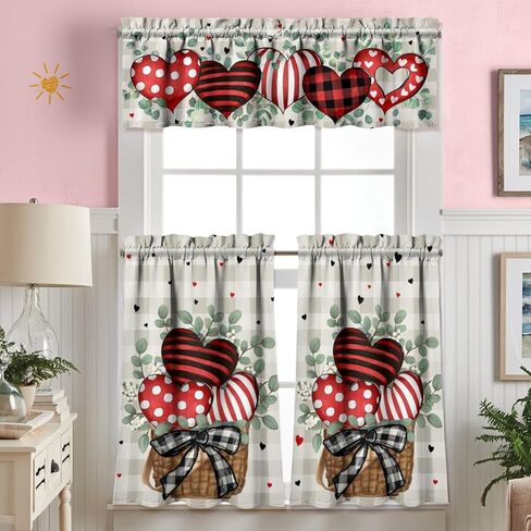 Valentines Day Kitchen Curtains Valances and Tiers 3 Piece Set,Eucalyptus Buffalo Plaid Love Hearts Farmhouse Rod Pocket Kitchen Cafe Curtain Over Sink Window for Autumn Decor 36 Inch (Pink) in Saudi Arabia