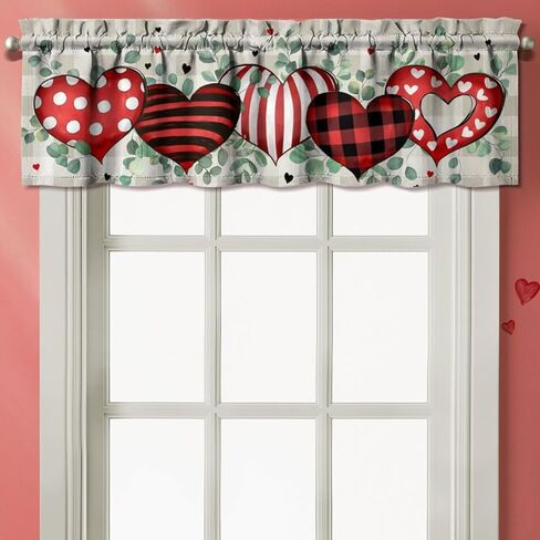 Valentines Day Kitchen Curtains Valances and Tiers 3 Piece Set,Eucalyptus Buffalo Plaid Love Hearts Farmhouse Rod Pocket Kitchen Cafe Curtain Over Sink Window for Autumn Decor 36 Inch (Pink) in Saudi Arabia