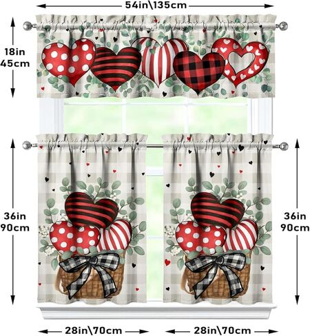 Valentines Day Kitchen Curtains Valances and Tiers 3 Piece Set,Eucalyptus Buffalo Plaid Love Hearts Farmhouse Rod Pocket Kitchen Cafe Curtain Over Sink Window for Autumn Decor 36 Inch (Pink) in Saudi Arabia
