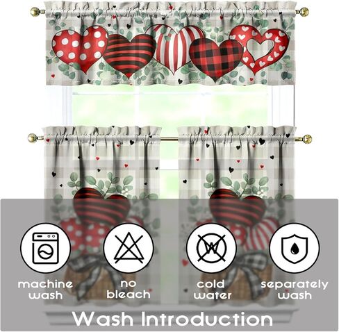 Valentines Day Kitchen Curtains Valances and Tiers 3 Piece Set,Eucalyptus Buffalo Plaid Love Hearts Farmhouse Rod Pocket Kitchen Cafe Curtain Over Sink Window for Autumn Decor 36 Inch (Pink) in Saudi Arabia