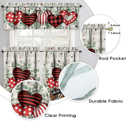 Valentines Day Kitchen Curtains Valances and Tiers 3 Piece Set,Eucalyptus Buffalo Plaid Love Hearts Farmhouse Rod Pocket Kitchen Cafe Curtain Over Sink Window for Autumn Decor 36 Inch (Pink) in Saudi Arabia
