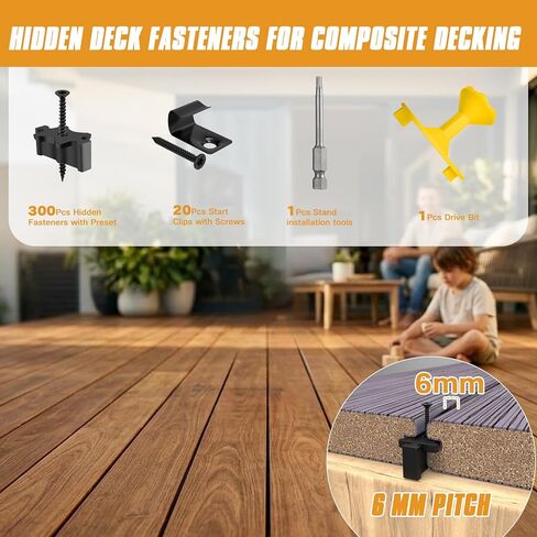 Deckit 300 PCS Hidden Deck Fasteners for Composite Decking - Universal Nylon Clips (Pre-Loaded Screws), 20 Starter Clips, Drive Guide & Bit, Fits Wood Frames (150 SQ.FT.) in Saudi Arabia