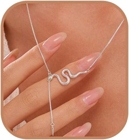 Snake Necklace for Women 925 Sterling Silver Y Necklace Dainty Green Eye Cubic Zirconia Zodiac Animal Necklaces Hypoallergenic Halloween Snake Jewelry Birthday Christmas Gifts in Saudi Arabia