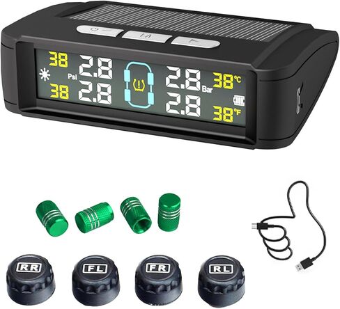 نظام مراقبة ضغط الإطارات TPMS مراقبة ضغط الإطارات اللاسلكية مع 4 أجهزة استشعار خارجية، شحن بالطاقة الشمسية/USB، 0-87 رطل لكل بوصة مربعة، مناسب عالمي للسيارات الدفع الرباعي والشاحنات الصغيرة - مع 4 أغطية جذعية لصمام الإطارات in Kuwait