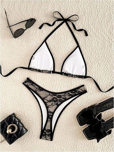 OYOANGLE Women's 2 Piece Swimsuits Floral Lace Mesh Triangle Halter String Bathing Suit Brazilian Thong Bikini Set in Saudi Arabia