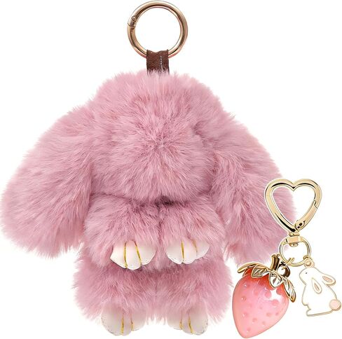 Plush Keychain Bunny Cute Rabbit Fur Keychains Stuffed Key Chain Strawberry Bag Handbag Charms 2PCS in Saudi Arabia