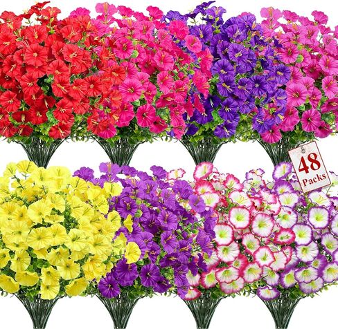 Alupssuc 24 حزمة من الزهور الاصطناعية للخارج، زهور الربيع الصناعية للديكور، مجد الصباح الحريري المقاوم للأشعة فوق البنفسجية مع الأوكالبتوس زهور وهمية واقعية لحديقة الشرفة، 5 ألوان in Kuwait