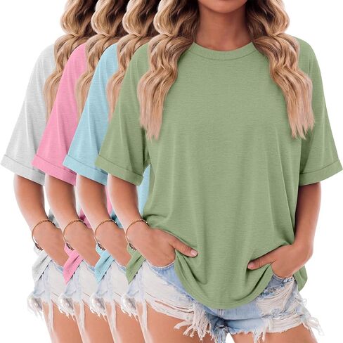 4 Pack Womens Oversized T Shirts Summer Casual Roll Up Short Sleeve Tops Crew Neck Loose Fit Basic Tee Clothes in Saudi Arabia