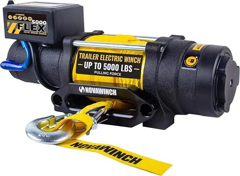 Flex 5000 lb Trailer Winch 12V Electric - Synthetic Rope, IP68 Sealed Planetary Gearbox, Hawse Fairlead, Auto-Lock Brake, Waterproof Remote - Flatbed, Boat Trailer, Equipment Hauler, SAE in Saudi Arabia