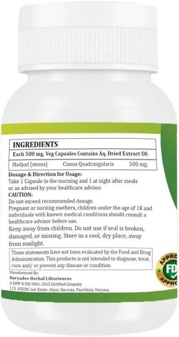 Hadjod (Cissus Quadrangularis) Capsules, Pack of 60 x 500 mg Veg Capsules | High Potency | 100% Natural Ayurvedic Supplement for Bone and Joint Support in Saudi Arabia