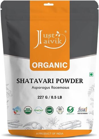 مسحوق شاتافاري عضوي 100% من Just Jaivik، عضوي من وزارة الزراعة الأمريكية، 1/2 رطل / 227 جم، نبات الهليون، مجدد لفاتا وبيتا الذي يعزز الحيوية والقوة in Kuwait