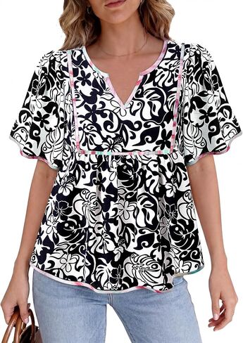 Lotusmile المرأة الصيف بوهو القمم الخامس الرقبة فلوي بيبي دول قمصان قصيرة الأكمام عطلة عادية البلوزات البوهيمية in Kuwait