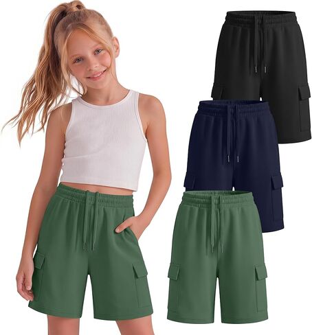 Ficerd 3 Pack Girl's Bermuda Shorts Cargo Elastic Drawstring Knee Length Shorts Athletic Loose SweatShorts with 4 Pockets in Saudi Arabia