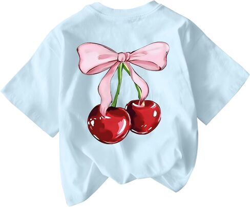 Cute Shirts for Girls Cherry Bow Shirt Kids Graphic Tees Preppy Summer T-Shirt Aesthetic Clothes Trendy Tops in Saudi Arabia