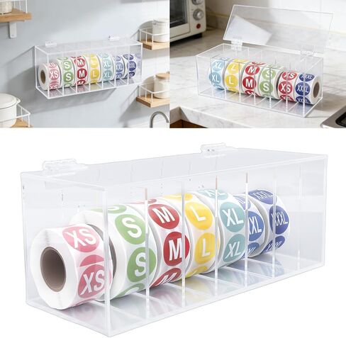 7 Slot Acrylic Label Dispenser, Transparent Sticker Roll Holder Wall Mount with 7 Rolls Labels, for Home Office School Organization in Saudi Arabia