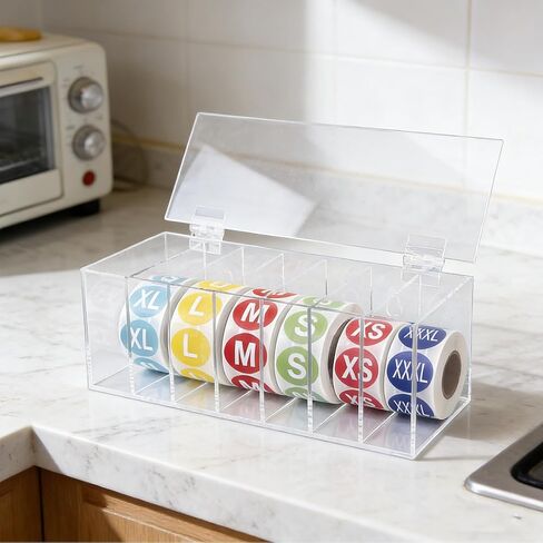 7 Slot Acrylic Label Dispenser, Transparent Sticker Roll Holder Wall Mount with 7 Rolls Labels, for Home Office School Organization in Saudi Arabia