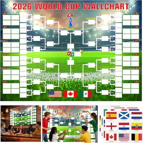 YANGALOOP 36x24 inches Predict 2026 World Cup Schedule Poster，64 Reusable National Flag Stickers with Country Names, Soccer Poster 2026 World Cup Merchandise, Soccer Gifts for Boys Room Decor in Saudi Arabia