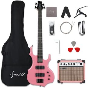 Fojill Cool Shape 4 Four String Electric Bass Guitar 20W Amplifier Amp Right Hand Beginner Starter Kit Set Combo Bundle Accessory Gig Bag,Strap,Picks,Capo,Noiselss Cable,Strings(Black) in Kuwait