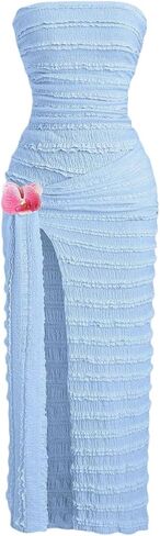 GORGLITTER Women's 3D Floral Beach Sundress Strapless Split Frill Trim Backless Summer Vacation Bodycon Tube Dresses in Saudi Arabia