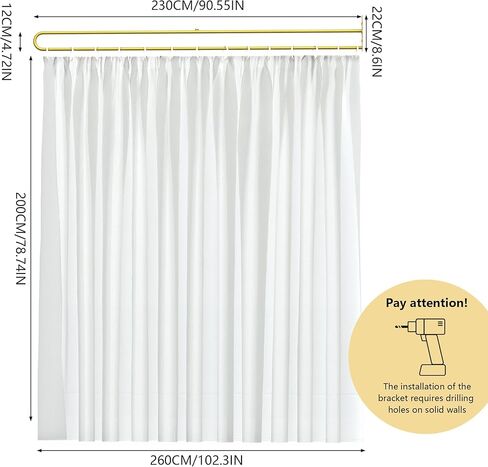 Privacy Curtains for Room Divider, Metal Support Wall Mounted Privacy Curtain, U-Shape Portable Room Divider Curtains for Fitting Room Beauty Salon Bedroom and Hospital,1 Panel, 8.53ft (White) in Saudi Arabia