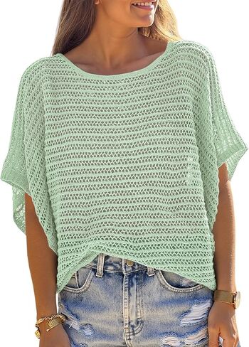 Crochet Cover Up Top Short Sleeve Sweater Summer Tops Loose Hollow Out Knit Pullover Tshirts Beach Swimsuit Coverup in Saudi Arabia