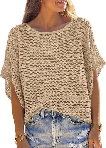 Crochet Cover Up Top Short Sleeve Sweater Summer Tops Loose Hollow Out Knit Pullover Tshirts Beach Swimsuit Coverup in Saudi Arabia