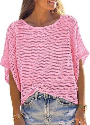 Crochet Cover Up Top Short Sleeve Sweater Summer Tops Loose Hollow Out Knit Pullover Tshirts Beach Swimsuit Coverup in Saudi Arabia