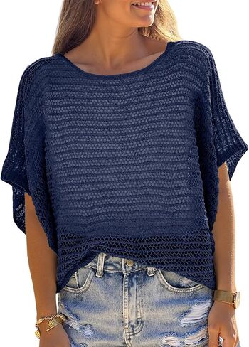 Crochet Cover Up Top Short Sleeve Sweater Summer Tops Loose Hollow Out Knit Pullover Tshirts Beach Swimsuit Coverup in Saudi Arabia