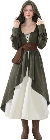 FCCAM Medieval Dress for Women Green Hooded Ren Faire Peasant Dresses Renaissance Costume with Belt Pouch in Saudi Arabia
