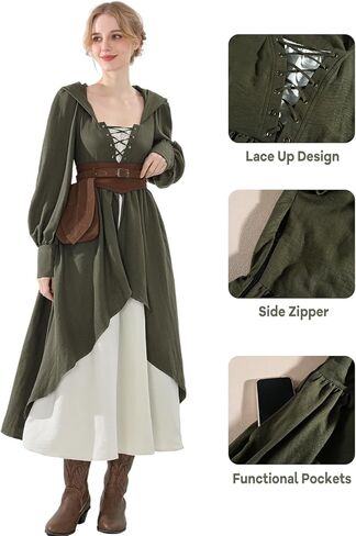 FCCAM Medieval Dress for Women Green Hooded Ren Faire Peasant Dresses Renaissance Costume with Belt Pouch in Saudi Arabia