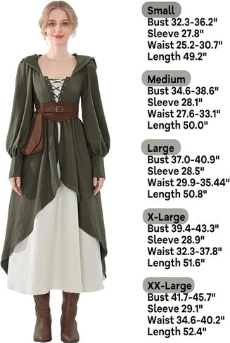 FCCAM Medieval Dress for Women Green Hooded Ren Faire Peasant Dresses Renaissance Costume with Belt Pouch in Saudi Arabia